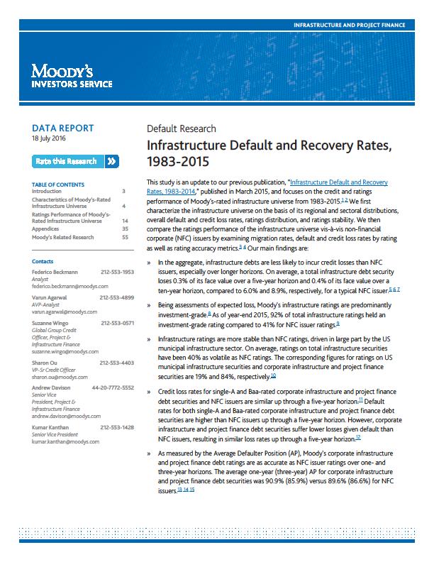 Moody s Infrastructure Default and Recovery Study» In July 2016, Moody's published an updated study of the historical performance of rated infrastructure debts, now covering the 33-year period