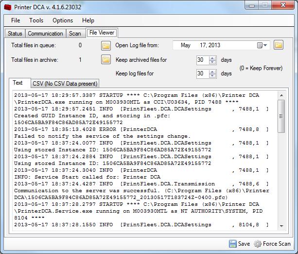 File Viewer Tab The File Viewer tab allows you to open the Log File from a specific date. Additionally you are able to open the archive file.