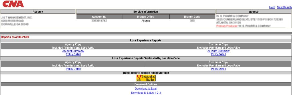 Loss Experience Reports and Downloads screen provides access to formatted reports in PDF version to be viewed online or printed.