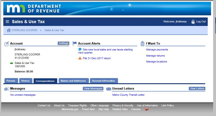 Complete the required fields and select the Send Message button. The Department of Revenue will respond to the message.