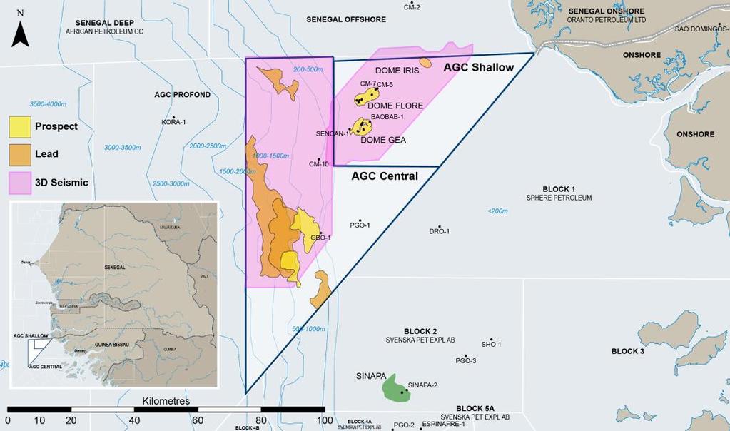 AGC SHALLOW & CENTRAL (SENEGAL / GUINEA BISSAU) AGC Central 750 km 2 of seismic obligation in initial 3-year exploration phase 3,150 km 2 licence area in water depths of 100-1,500m Carbonate edge