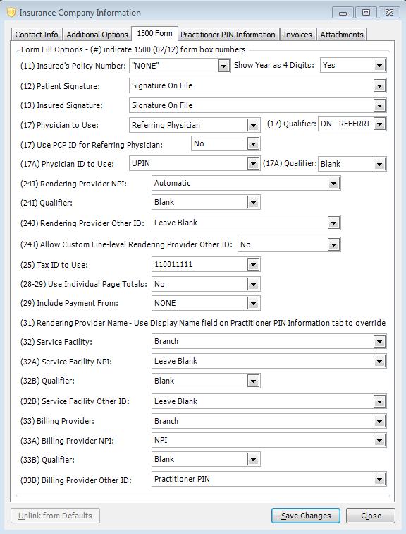 The insurance company s 1500 form settings will look something like this: You will notice that only fields (17) Qualifier and (24J) Allow Custom Line-Level Rending Provider Other ID: will be given