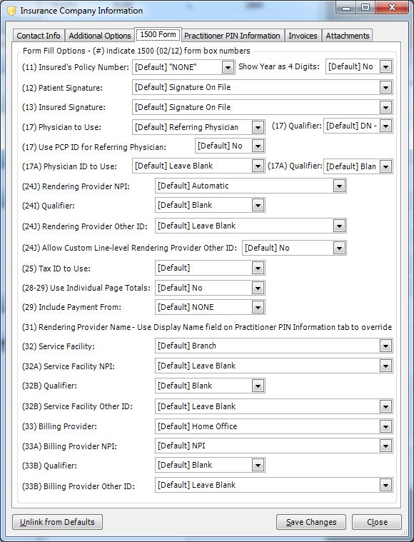 Notice that each of the fields is set to [Default]. This indicates that whatever settings appear on the 1500 form tab in Help > Settings > will automatically pull through on this insurance company.
