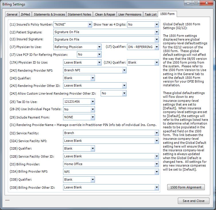 Provider ID # (top boxes only) will be disabled. Here is a screen print of the new 1500 Form tab under Help/ Settings.