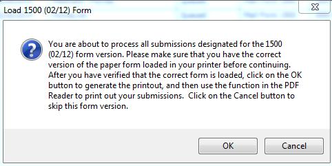 When claims are processed, the system will sort the claim submissions by the 1500 Form Version and prompt the user to load the appropriate form in the printer prior to generation of the PDF output.