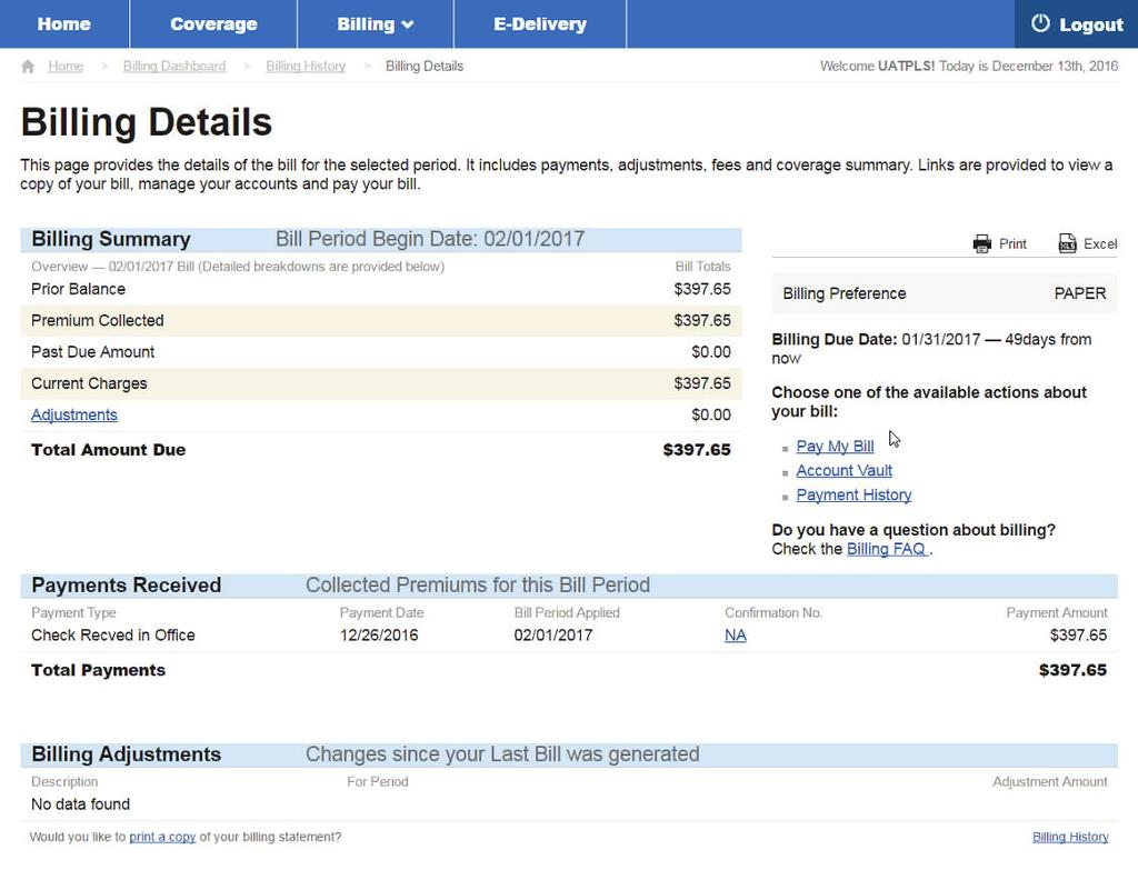 BILLING DETAILS If a member clicks on a link from the Billing History, it opens up details about that payment.