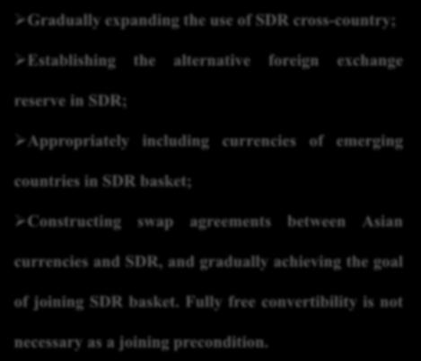Gradually expanding the use of SDR cross-country; Establishing the alternative foreign exchange reserve in SDR; Appropriately including currencies of