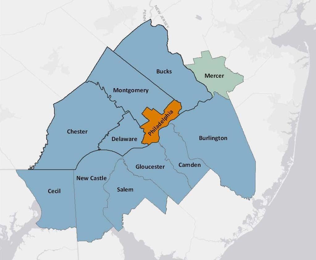 Figure 1 Map of Philadelphia Region, including the MSA, PMSA, and Mercer County, NJ Source: 2009 TIGER County Shapefiles Strategic Location Philadelphia is at the center of the second largest MSA on