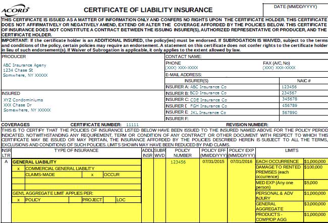 Certificate of Liability Insurance Minimum of $1 million for bodily injury and property damage per occurrence or $2 million aggregate
