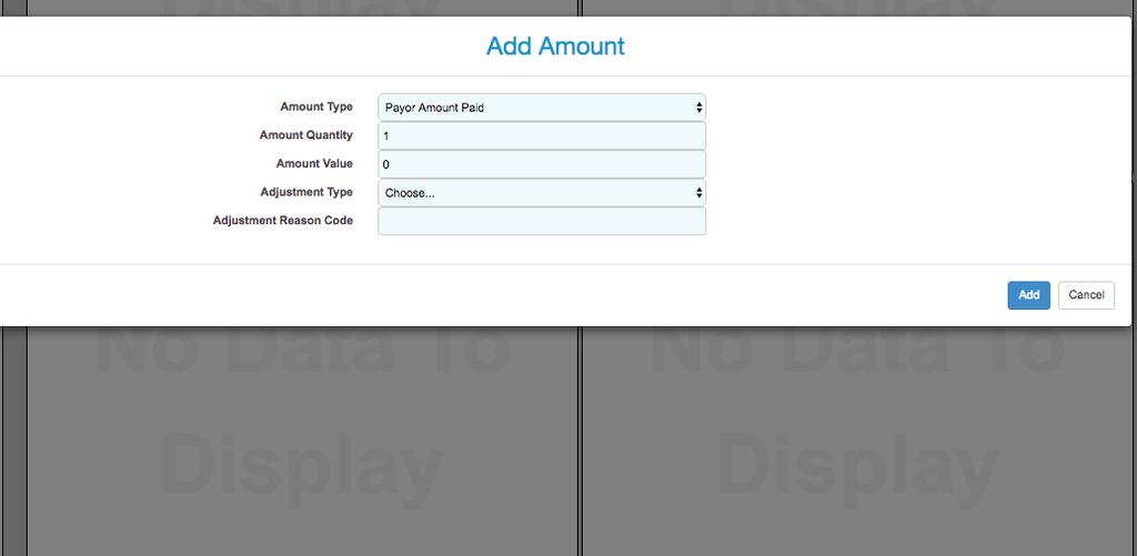 12. Scroll down to find the Amounts Box. To add the total primary payer payment amount click Add. Choose the Payer Amount Paid (this exact data is required) in the drop down menu in the amount type.