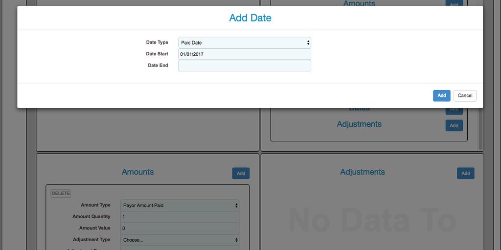 Click Add next to Dates. Select Paid Date (this exact data is required) in the drop down menu of the Date Type.