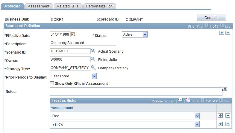 Chapter 4 Defining Your Strategy and Establishing Scorecards Scorecard Page Use the Scorecard page (BC_BSC_DFN) to define scorecards.