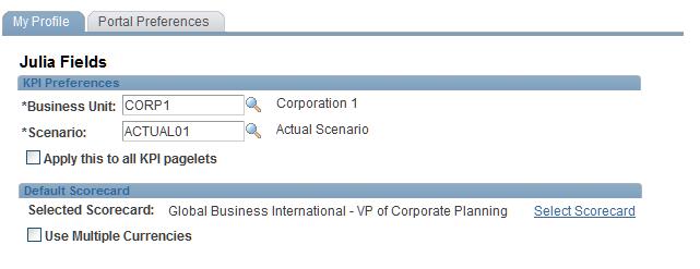 Monitoring Scorecards and KPIs Chapter 7 My Profile Page Use the My Profile page (BC_OPER_DFLT4) to establish the scorecard, business unit, and scenario that you initially view when you access the