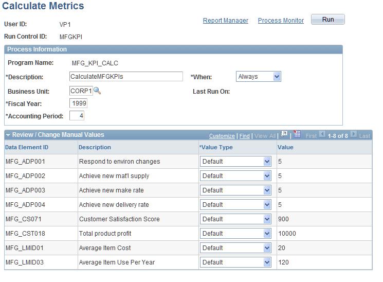 Chapter 10 Using Manufacturing Scorecard Navigation Scorecards, Industry-Specific Processing, Mfg Scorecard Calculations, Calculate Metrics Image: Calculate Metrics page This example illustrates the