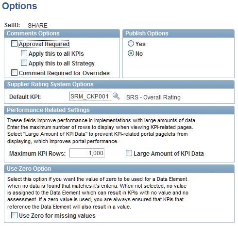 Chapter 3 Establishing and Maintaining KPIs Related Links Defining KPI Building Blocks System Options Page Use the System Options page (KP_SETID_FLAGS) to define SetID-level options for approving