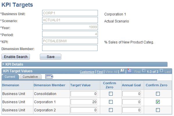Chapter 3 Establishing and Maintaining KPIs Navigation Key Performance Indicators, Manual Entry, Enter KPI Targets Image: KPI Targets page This example illustrates the fields and controls on the KPI
