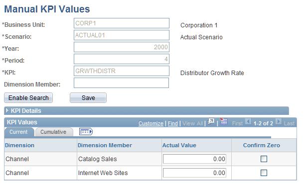 Chapter 3 Establishing and Maintaining KPIs Navigation Key Performance Indicators, Manual Entry, Enter KPI Value Image: Manual KPI Values page This example illustrates the fields and controls on the