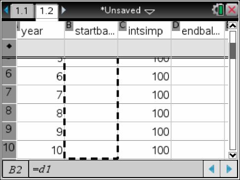 3 Step 8. Move to cell B2 and input =d1. (Note that the spreadsheet will insert the value 2100 into cells D1 and B2.) Step 9.
