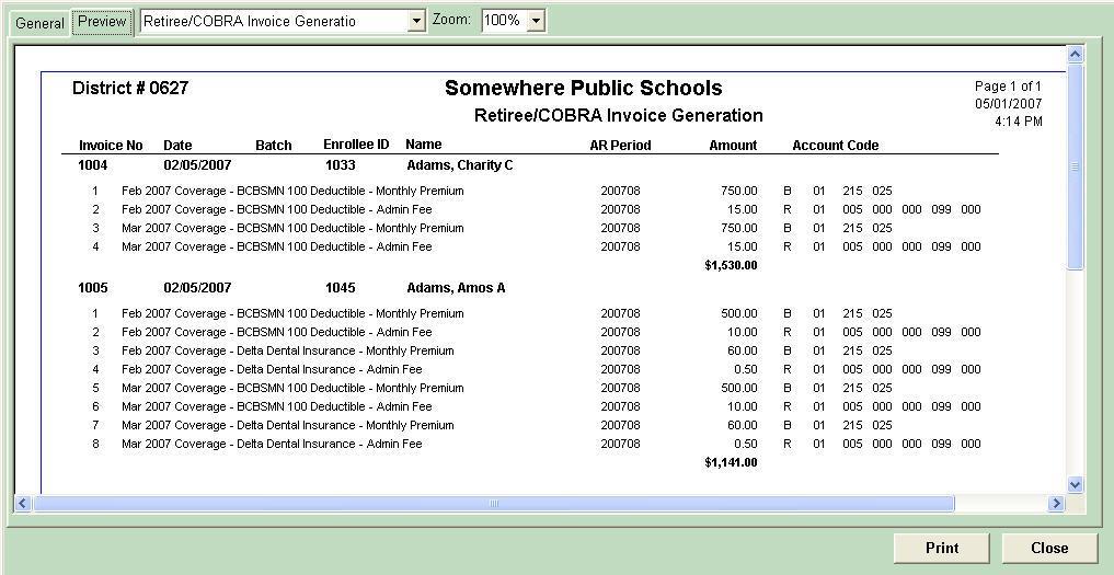 Viewing Accounts Receivable Detail After the Generate Invoices button has been clicked, the following window will pop open to allow the accounts receivable detail to be viewed or printed.