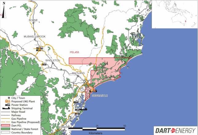 PEL 458 Location: Newcastle, NSW Interest: Dart Energy 100% Gross Resource (NSAI): OGIP 1,342 Bcf, 2C resource 542 Bcf PEL 458 is Dart Energy s most advanced asset in NSW and will continue to be the