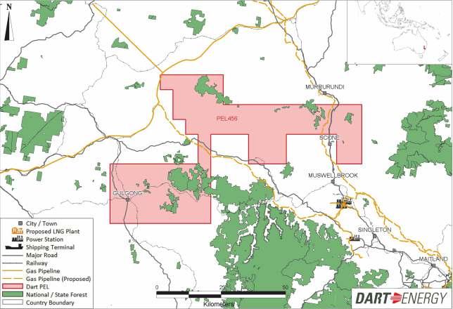 PEL 456 Location: Upper Hunter Valley, NSW Interest: Dart Energy 85% (titleholder), Santos 50% post farmin (operator) Gross Resource (MBA): OGIP 30,170 Bcf, Prospective resource 13,090 Bcf, 3C