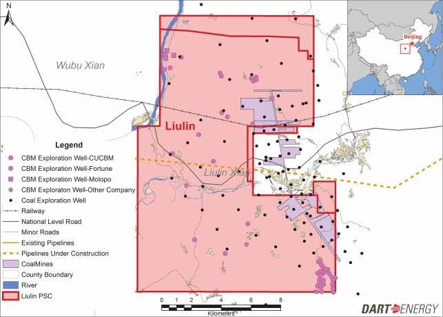 Liulin PSC (Shanxi) Location: Shanxi province, China Interest: Dart Energy 22.5% (joint operator), Fortune Oil 27.