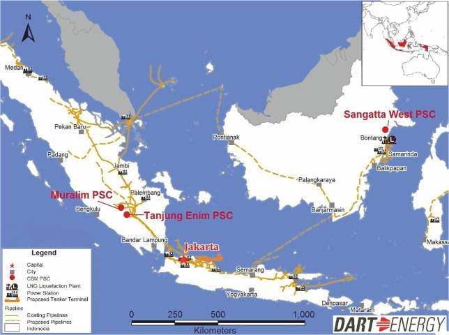 7.3 Indonesia Dart Energy holds interests in three CBM Production Sharing Contracts in Indonesia, with a gross acreage of 2 approximately 2,592km.