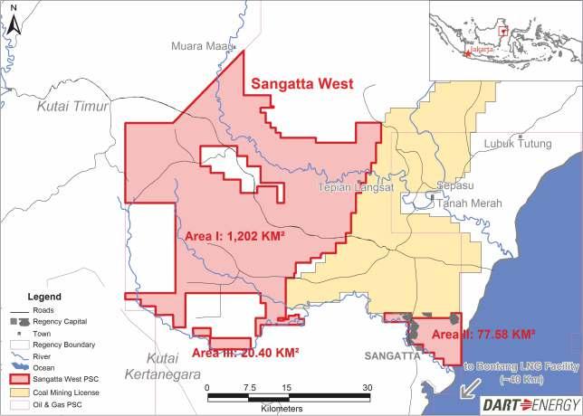 Sangatta West Location: East Kalimantan, Indonesia Interest: Dart Energy 24% (jointoperator), Ephindo 24% (jointoperator), Pertamina 52% Gross Resource (NSAI): OGIP 587 Bcf, 2C resources 314 Bcf The