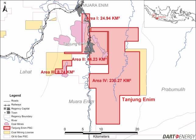 Tanjung Enim Location: South Sumatra, Indonesia Interest: Dart Energy 45% (operator), PT Bukit Asam 27.5%, Pertamina 27.