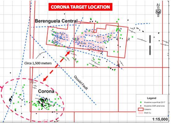 Berenguela Central sampling results yielded 19 samples with over 0.50% Cu and 12 samples over 50 g/t Ag. Copper grades in the western limb were as high as 1.