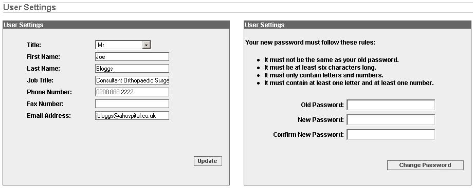 Settings The Settings tab includes User Settings Here you can amend your User Details and change your password