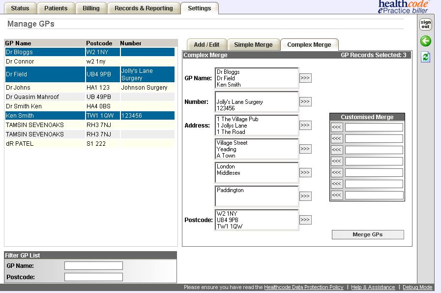Complex Merge The Complex Merge allows users to select specific data from the GP s they wish to merge to create a customized master record. Select the GPs you wish to merge from the left hand listing.