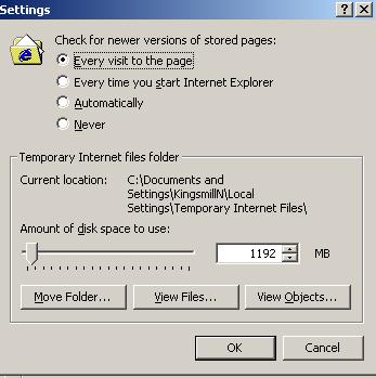 Select the Settings option within the Temporary Internet Files option.