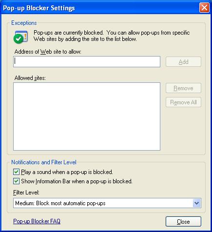 Windows XP Service Pack 2 Users Only Windows XP Service Pack 2 has a pop-up blocker included within Internet Explorer.