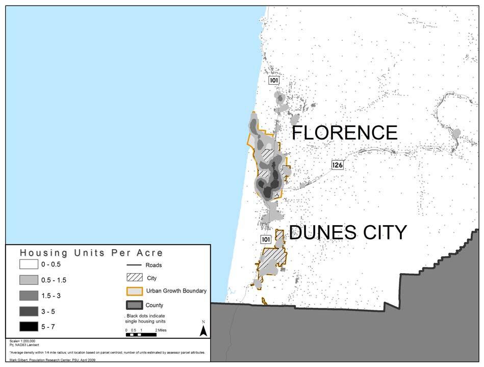 Coastal Cities Florence and Dunes City are on the coast, at the west end of Lane County.