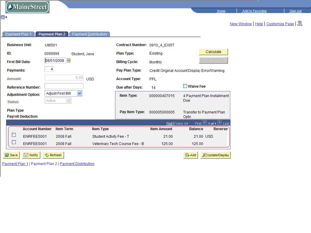 12. On the Payment Plan 2 page, place a checkmark adjacent to the charges that should be captured within the installment