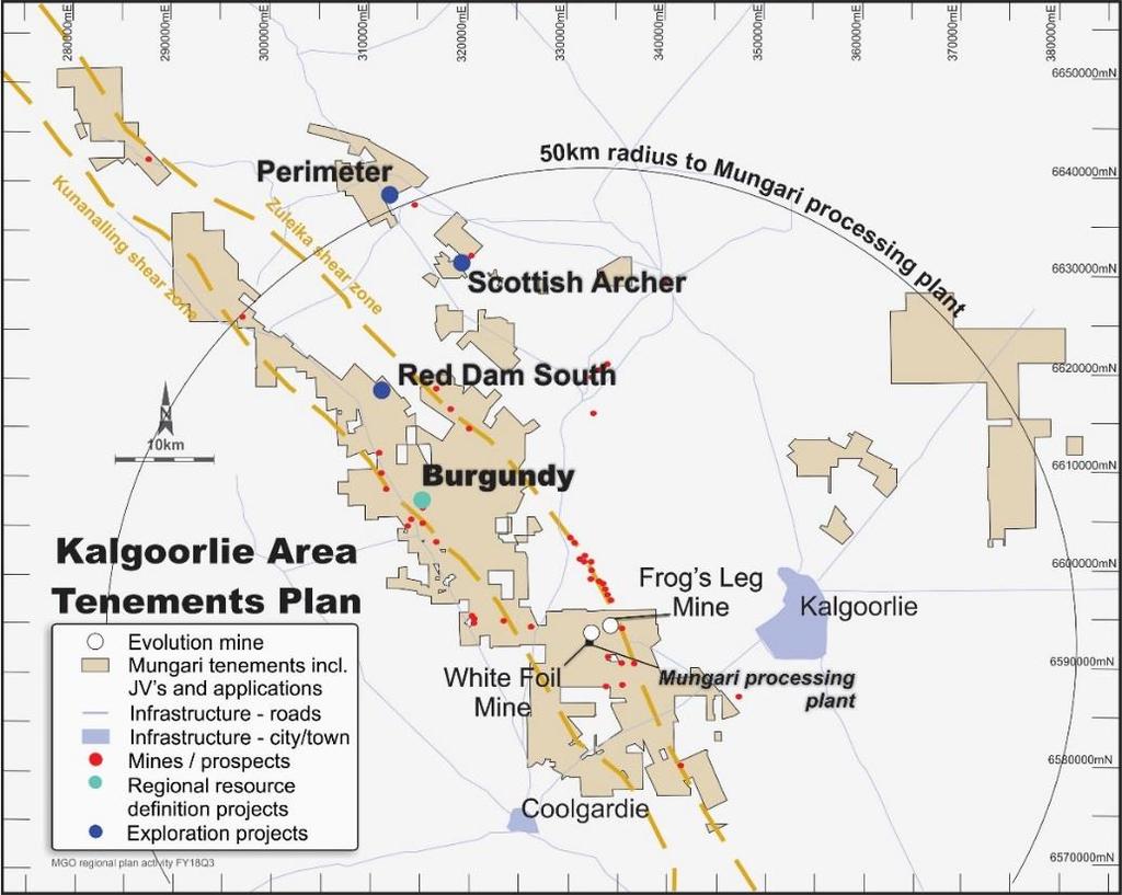 Mungari Strategic footprint in world-class Kalgoorlie region Total tenement package ~950km 2 previous owners focussed primarily on shallow, oxide mineralisation Resource definition drilling at White