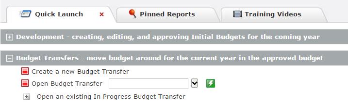[Leave the Company (CSU) and Chart (5) set to their default values.] The next page is the Quick Launch page. The Budget Transfers area will already be expanded ready for use. 1.