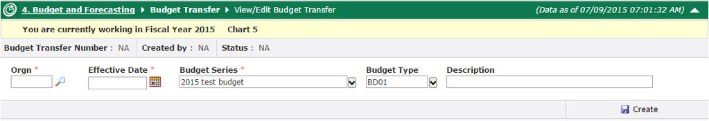 Note: The plus icon below Open Budget Transfer will also display the most recent In-Progress transfers. CREATING A NEW BUDGET TRANSFER To create a new Budget transfer, click the Transfer Menu.