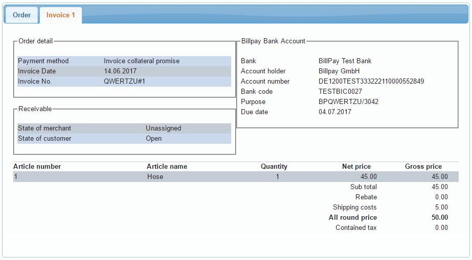 Introduction to the BackOffice Overview of the order page lower half - Invoice1 10 Invoice Tab: Displays an activated order with the customer status and the payment due date.