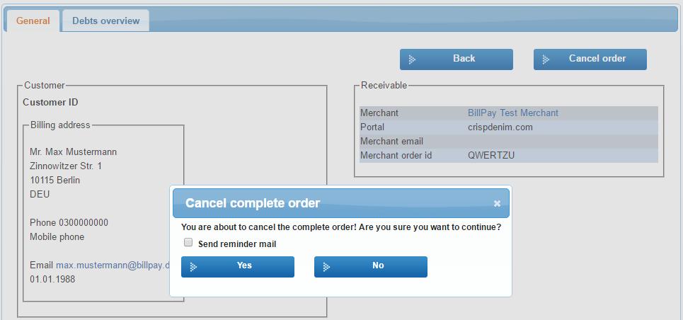 Working with the order Full Cancellation 16 Click on the button Cancel order. To inform the customer by email, check the Send reminder mail box. Select YES.