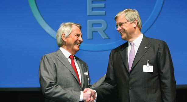 Bayer ceo Werner Wenning (right) and Supervisory Board Chairman Dr. Manfred Schneider were pleased with the outcome of the Annual Stockholders Meeting.
