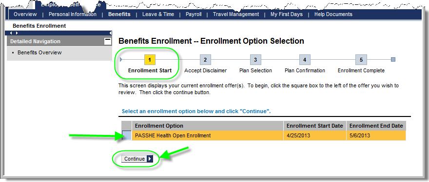 Employee Self-Service (ESS) Screens - Benefits - Benefits Enrollment - SSHE Page 2 of 15 3. The Benefits Enrollment Enrollment Option Selection screen will appear. 3.1. Enrollment Start is step 1 of the enrollment process.