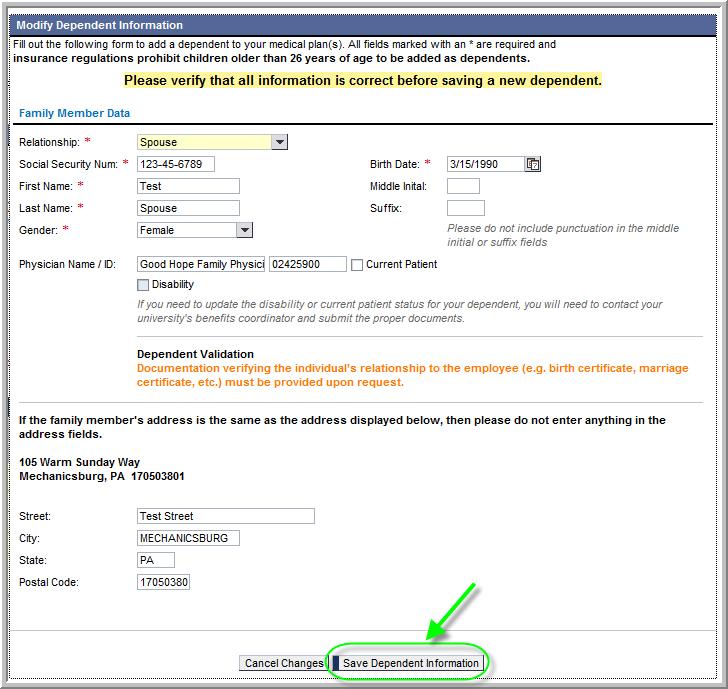 Employee Self-Service (ESS) Screens - Benefits - Benefits Enrollment - SSHE Page 7 of 15 2. The Modify Dependent Information window will appear to make changes.
