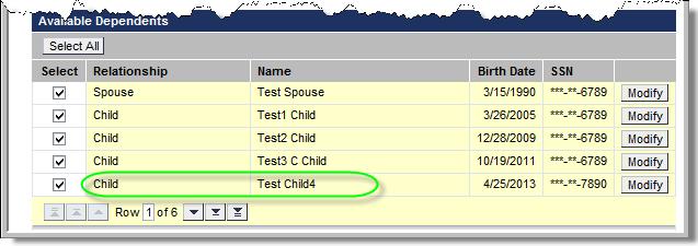 in the Available Dependents section and default to selected for coverage as indicated by the checkmark.