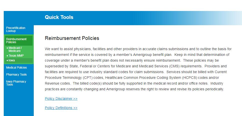 Reimbursement policies https://providers.amerigroup.