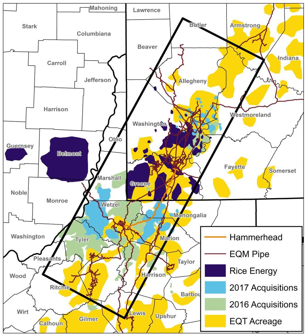 Growth Strategy Supply Hub Hammerhead Pipeline Project Project Scope Gathering header pipeline» 55-mile pipeline from Southwestern PA to Mobley WV» Aggregate supply from