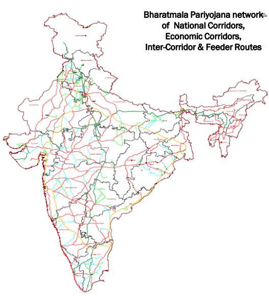 Header Project: Bharat-mala Goes Here The project Intends to remove bottlenecks in key economic corridors and provide holistic connectivity Development of ~51,000 Kms of road length with total