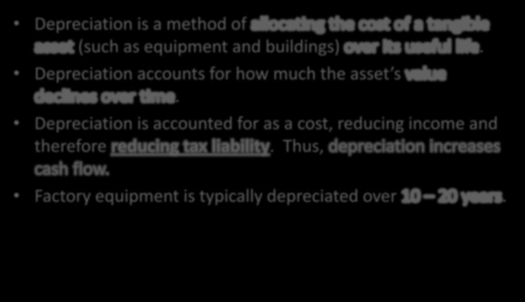 Depreciation Depreciation is a method of allocating the cost of a tangible asset (such as equipment and buildings) over its useful life.