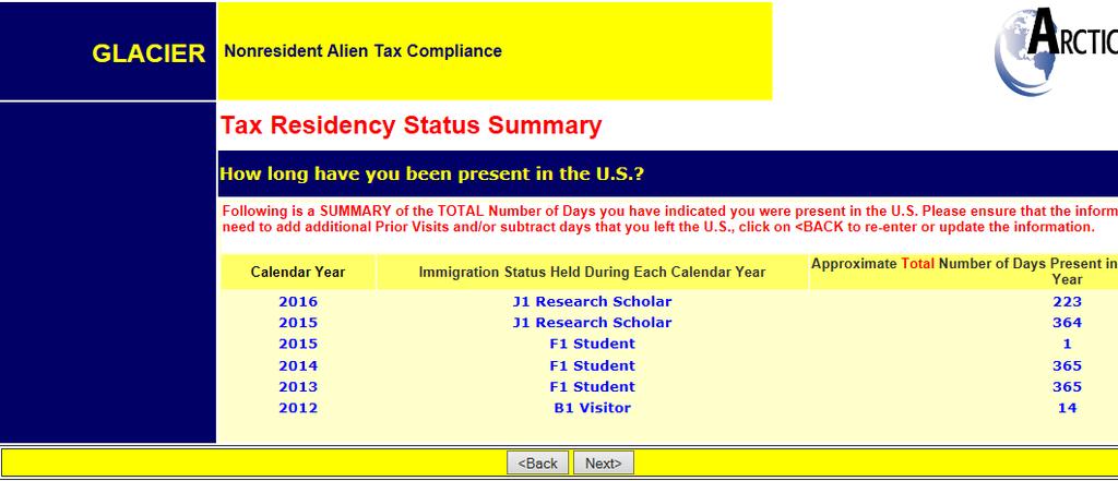 STEP 7: If you need to make any changes to your Tax Residency Status Summary page, click the Back button and make